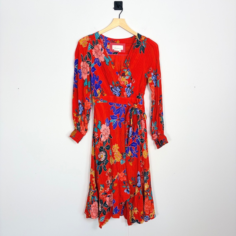 Anthropologie Floral Wrap Midi Dress Long Sleeve Red Blue Yellow Women's Size 2 - Picture 2 of 9
